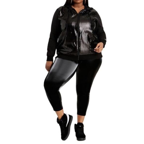Fila Strike A Pose 3/4 Tight Womens 1X Black Glossy Pull On Ankle Length Edgy - Picture 1 of 12